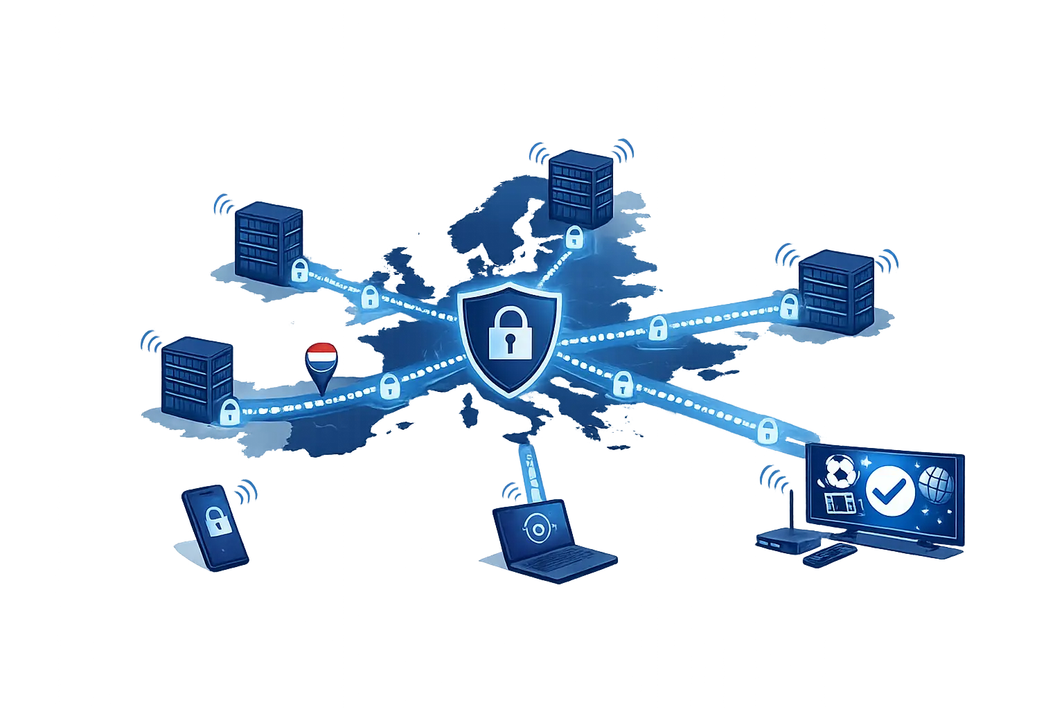Technische infographic van MyIPTV.nl infrastructuur — CDN-gerouteerde streams via Europese servers en gecamoufleerde DNS-links die eruitzien als normaal HTTPS-verkeer